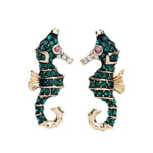 Emerald Green Crystal Sea Horse Vintage Gold Statement Drop Earrings